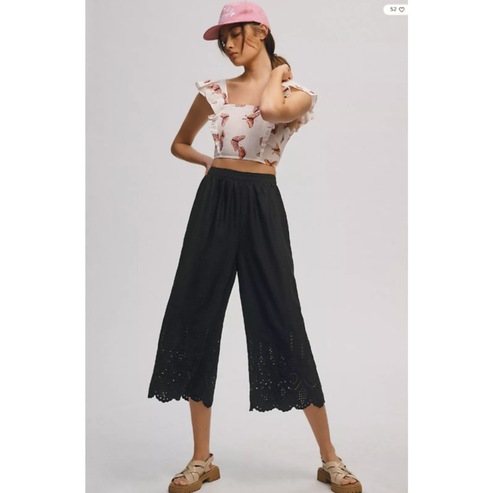 Anthropologie Pants Black 4 Eyelet Embroidered Wide Leg Cropped Scallop Hem